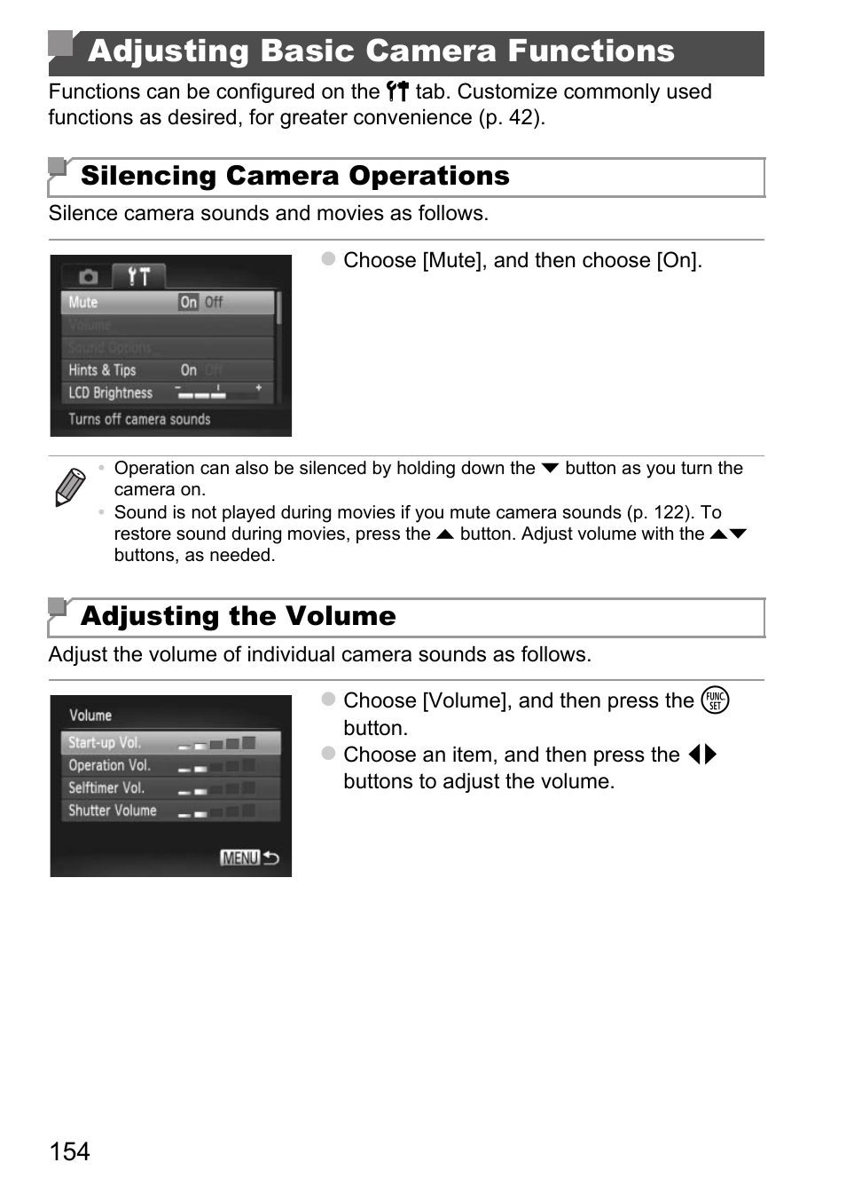 Adjusting basic camera, Functions, Adjusting basic camera functions | Silencing camera operations, Adjusting the volume | Canon D20 User Manual | Page 154 / 218