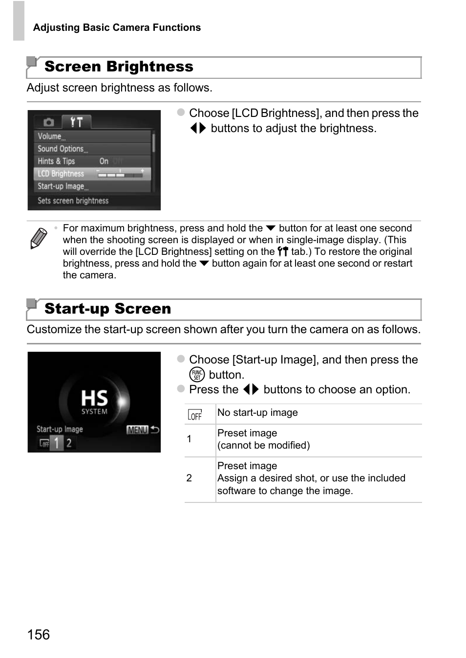 Screen brightness, Start-up screen | Canon D20 User Manual | Page 156 / 218