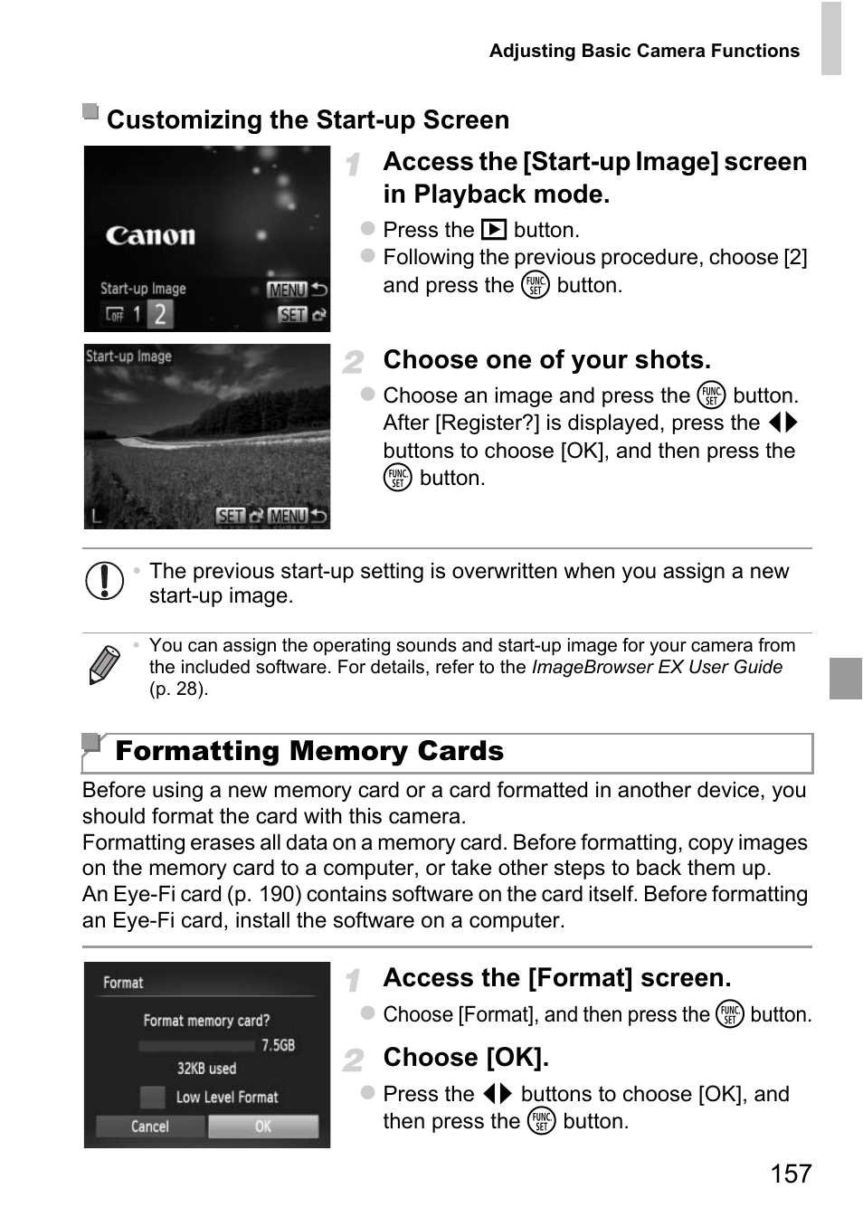 D (pp. 157, Choose one of your shots, Access the [format] screen | Choose [ok, Customizing the start-up screen | Canon D20 User Manual | Page 157 / 218