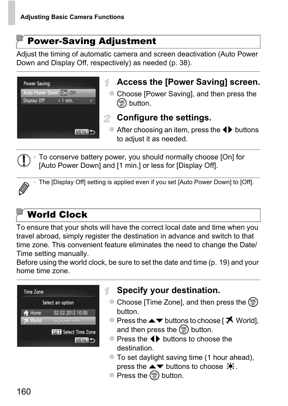 Fer (p. 160), Eactivation (p. 160), P. 160) | Power-saving adjustment, World clock, Access the [power saving] screen, Configure the settings, Specify your destination | Canon D20 User Manual | Page 160 / 218