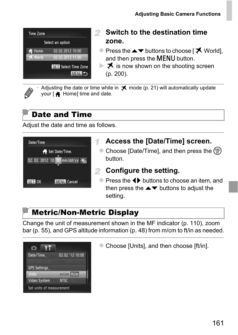Date and time metric/non-metric display, 161 switch to the destination time zone, Access the [date/time] screen | Configure the setting | Canon D20 User Manual | Page 161 / 218