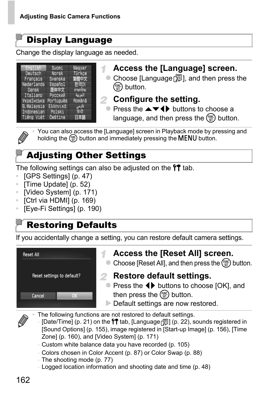 Settings (p. 162), Display language, Adjusting other settings restoring defaults | Access the [language] screen, Configure the setting, Access the [reset all] screen, Restore default settings | Canon D20 User Manual | Page 162 / 218