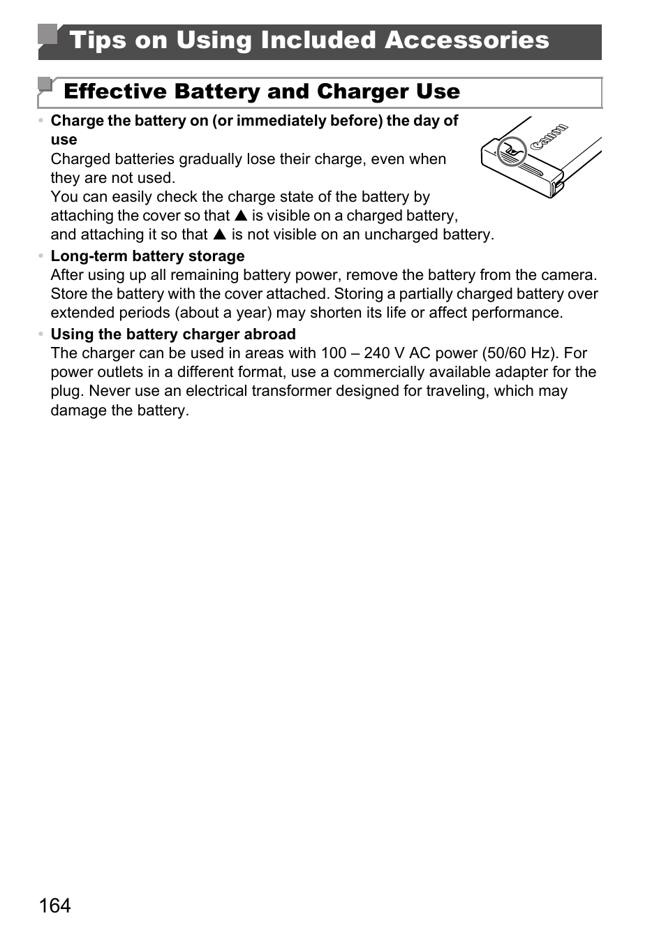 Tips on using included, Accessories, Tips on using included accessories | Effective battery and charger use | Canon D20 User Manual | Page 164 / 218