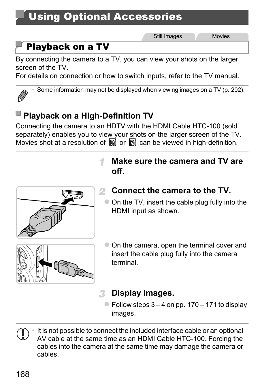 Using optional accessories, Playback on a tv, Display images | Playback on a high-definition tv | Canon D20 User Manual | Page 168 / 218