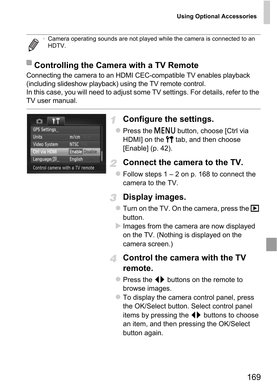 P. 169), Configure the settings, Connect the camera to the tv | Display images, Control the camera with the tv remote, Controlling the camera with a tv remote | Canon D20 User Manual | Page 169 / 218