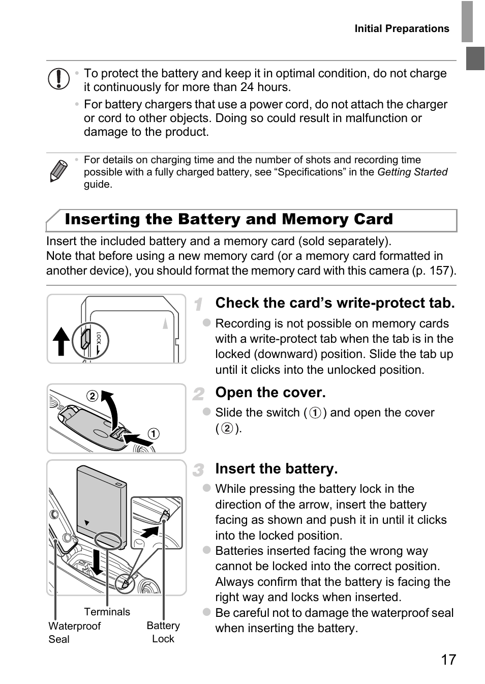 P. 17), Check the card’s write-protect tab, Open the cover | Insert the battery | Canon D20 User Manual | Page 17 / 218