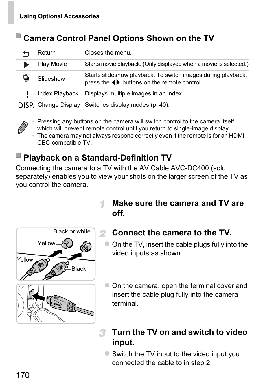 Turn the tv on and switch to video input, Camera control panel options shown on the tv, Playback on a standard-definition tv | Canon D20 User Manual | Page 170 / 218