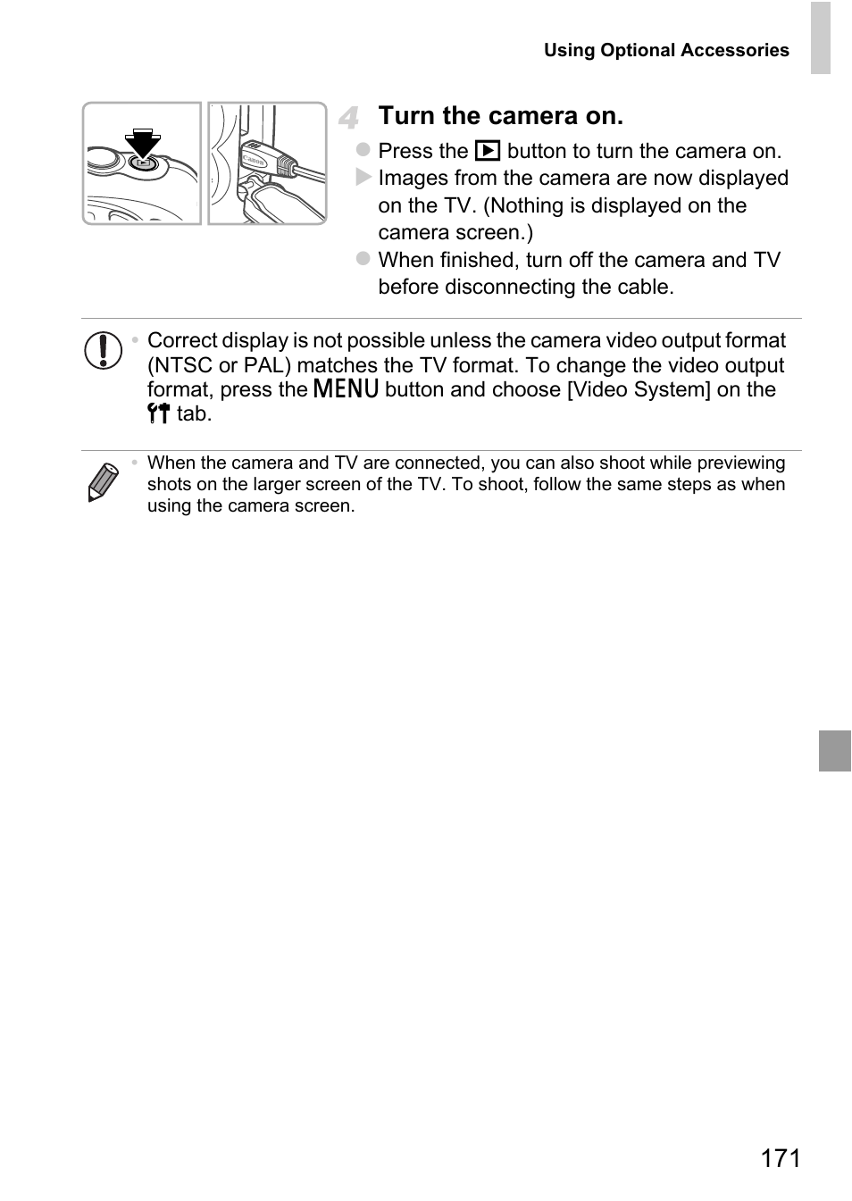 P. 171), System] (p. 171, 171 turn the camera on | Canon D20 User Manual | Page 171 / 218