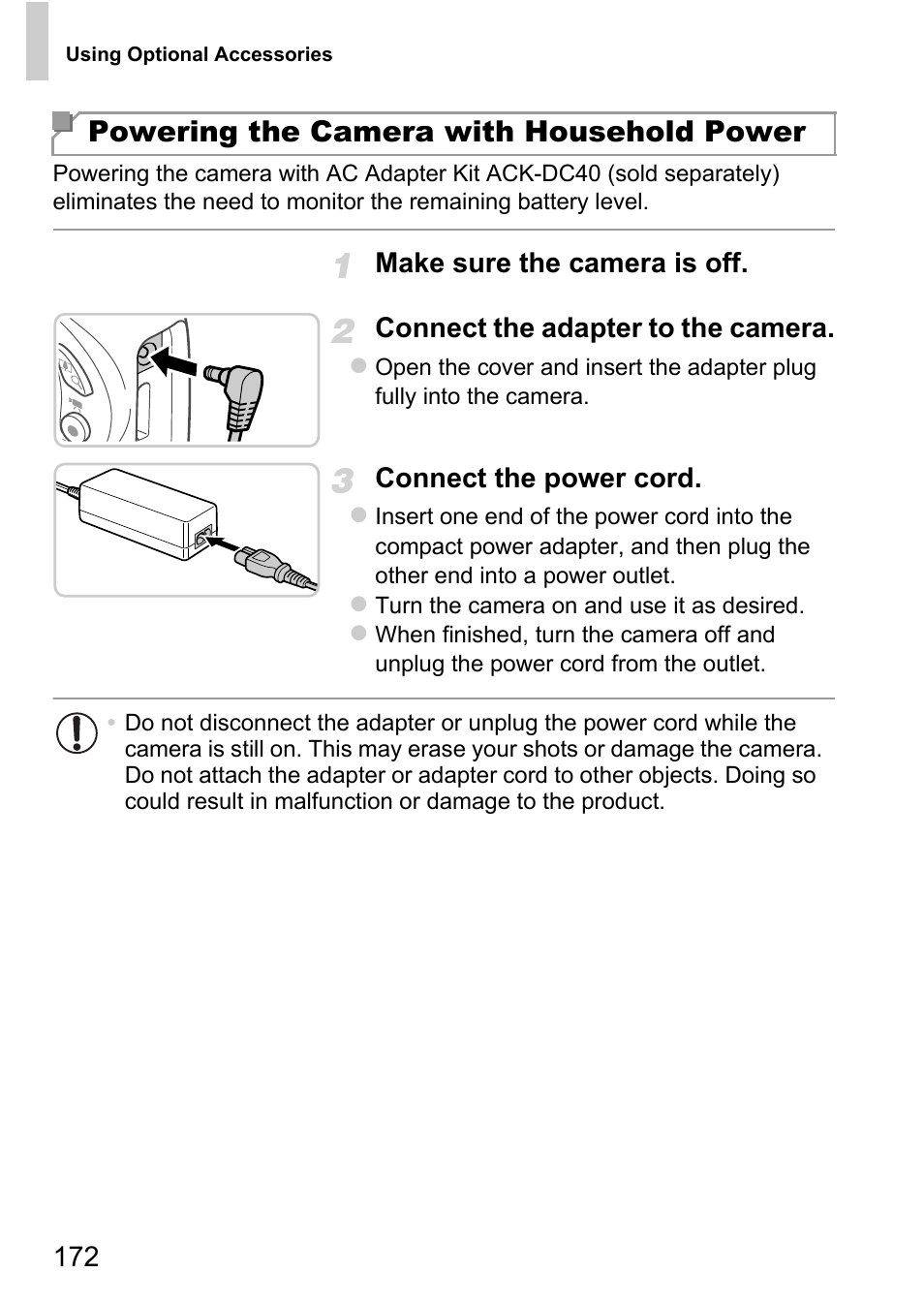 Powering the camera with household power | Canon D20 User Manual | Page 172 / 218