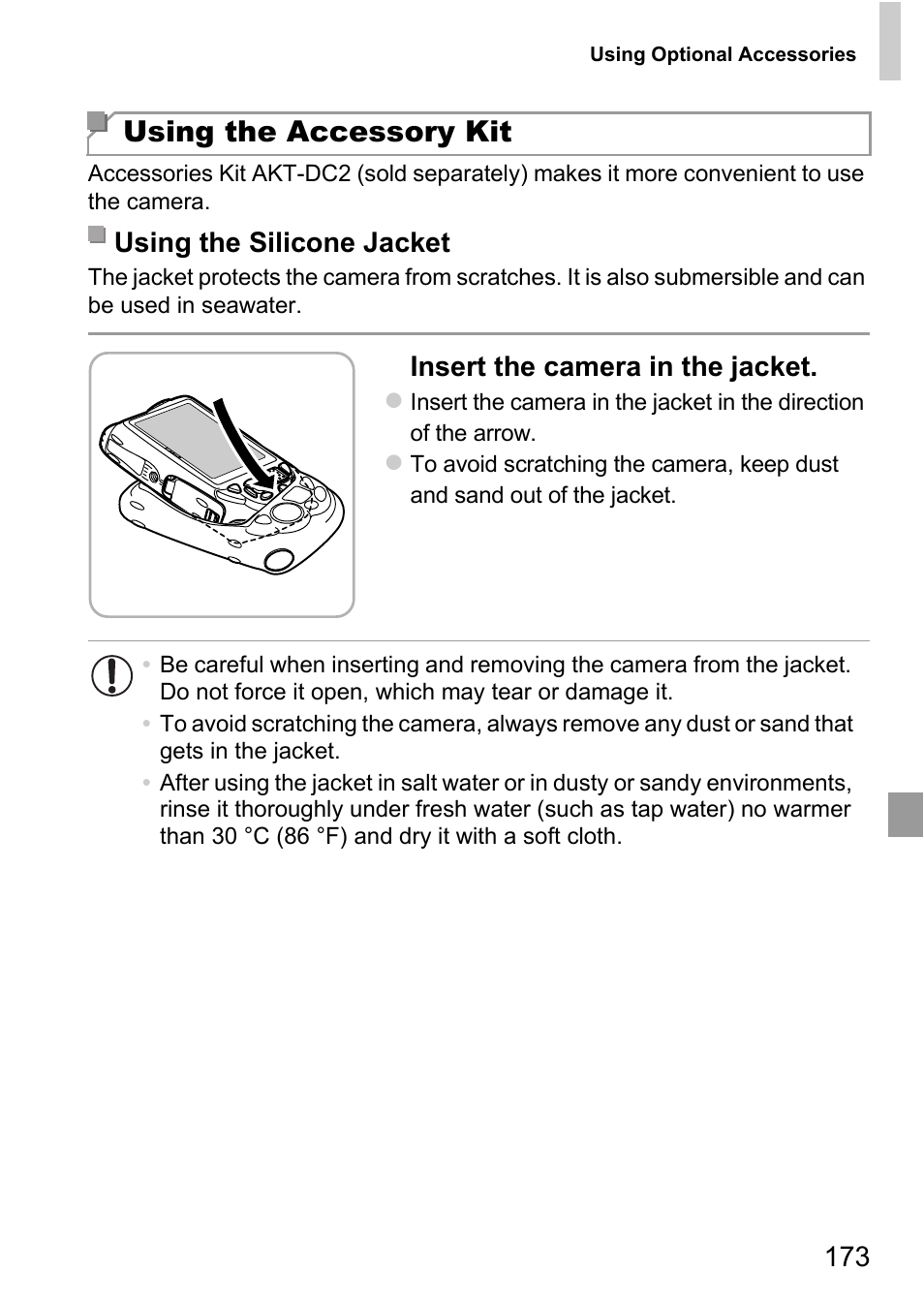 Using the accessory kit, Insert the camera in the jacket, Using the silicone jacket | Canon D20 User Manual | Page 173 / 218
