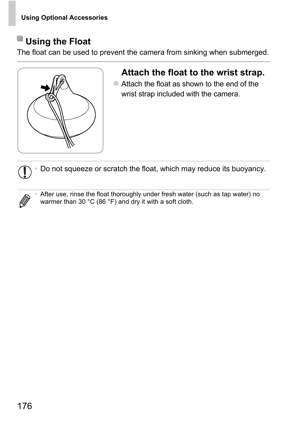 Attach the float to the wrist strap, Using the float | Canon D20 User Manual | Page 176 / 218