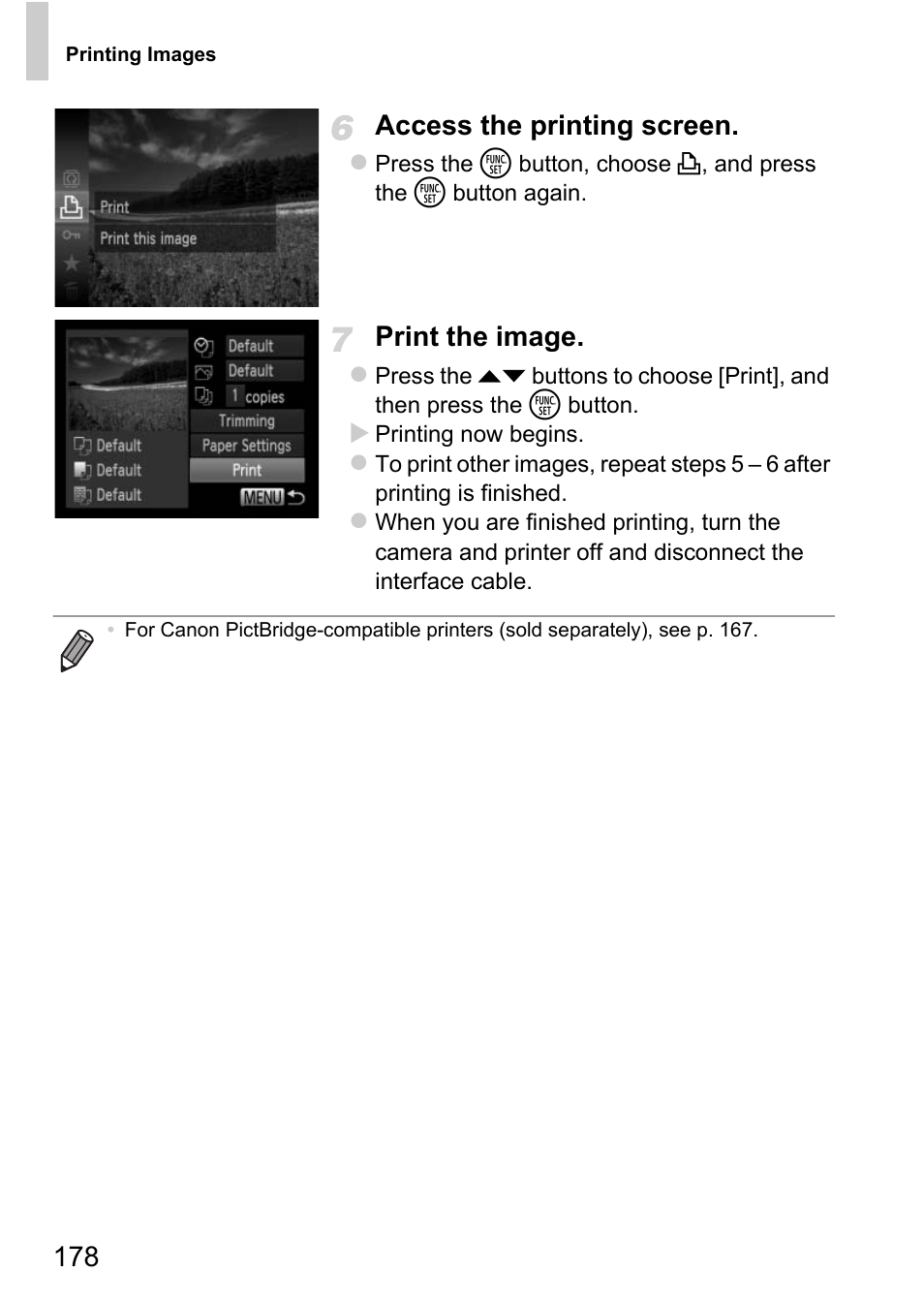 178 access the printing screen, Print the image | Canon D20 User Manual | Page 178 / 218