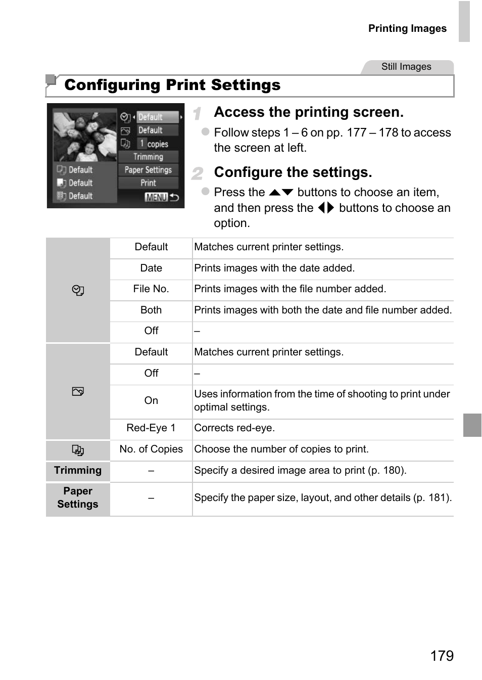 Configuring print settings, 179 access the printing screen, Configure the settings | Canon D20 User Manual | Page 179 / 218