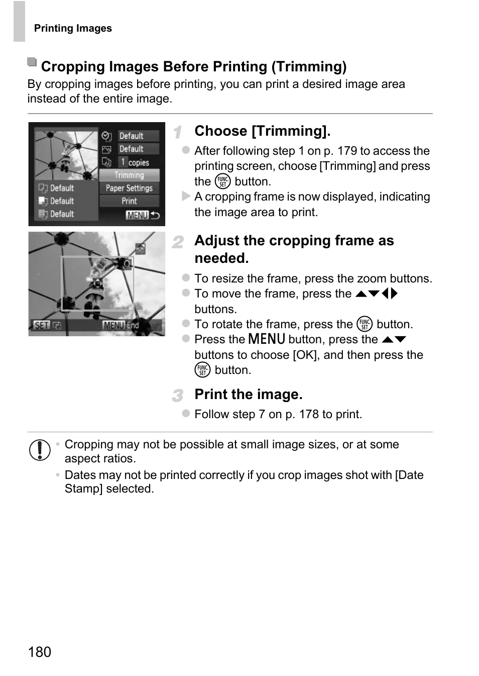 To print (p. 180), Choose [trimming, Adjust the cropping frame as needed | Print the image, Cropping images before printing (trimming) | Canon D20 User Manual | Page 180 / 218