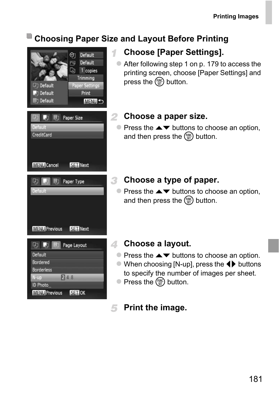 P. 181), 181 choose [paper settings, Choose a paper size | Choose a type of paper, Choose a layout | Canon D20 User Manual | Page 181 / 218