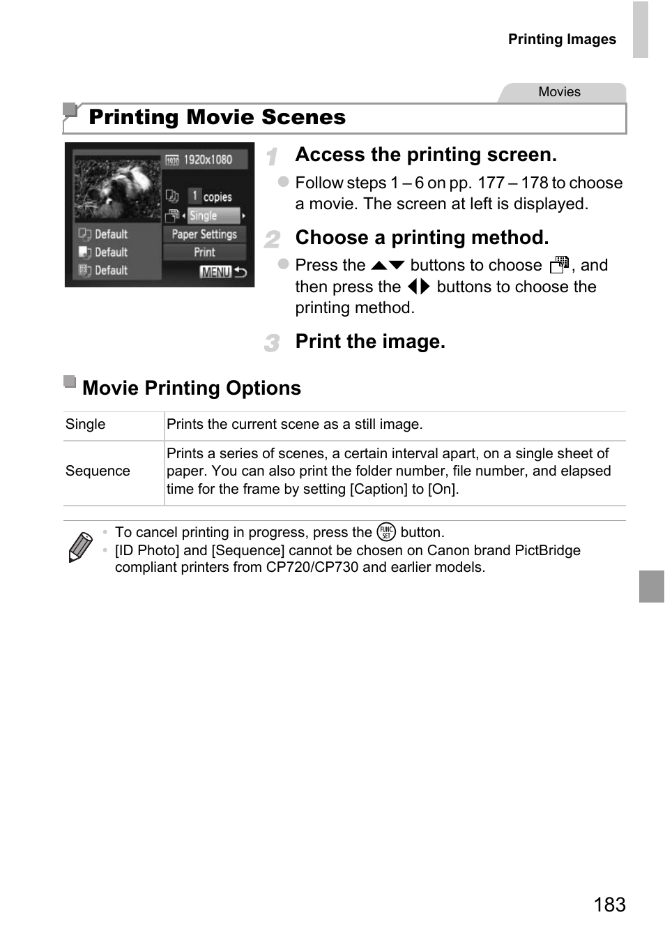 Printing movie scenes, 183 access the printing screen, Choose a printing method | Print the image, Movie printing options | Canon D20 User Manual | Page 183 / 218