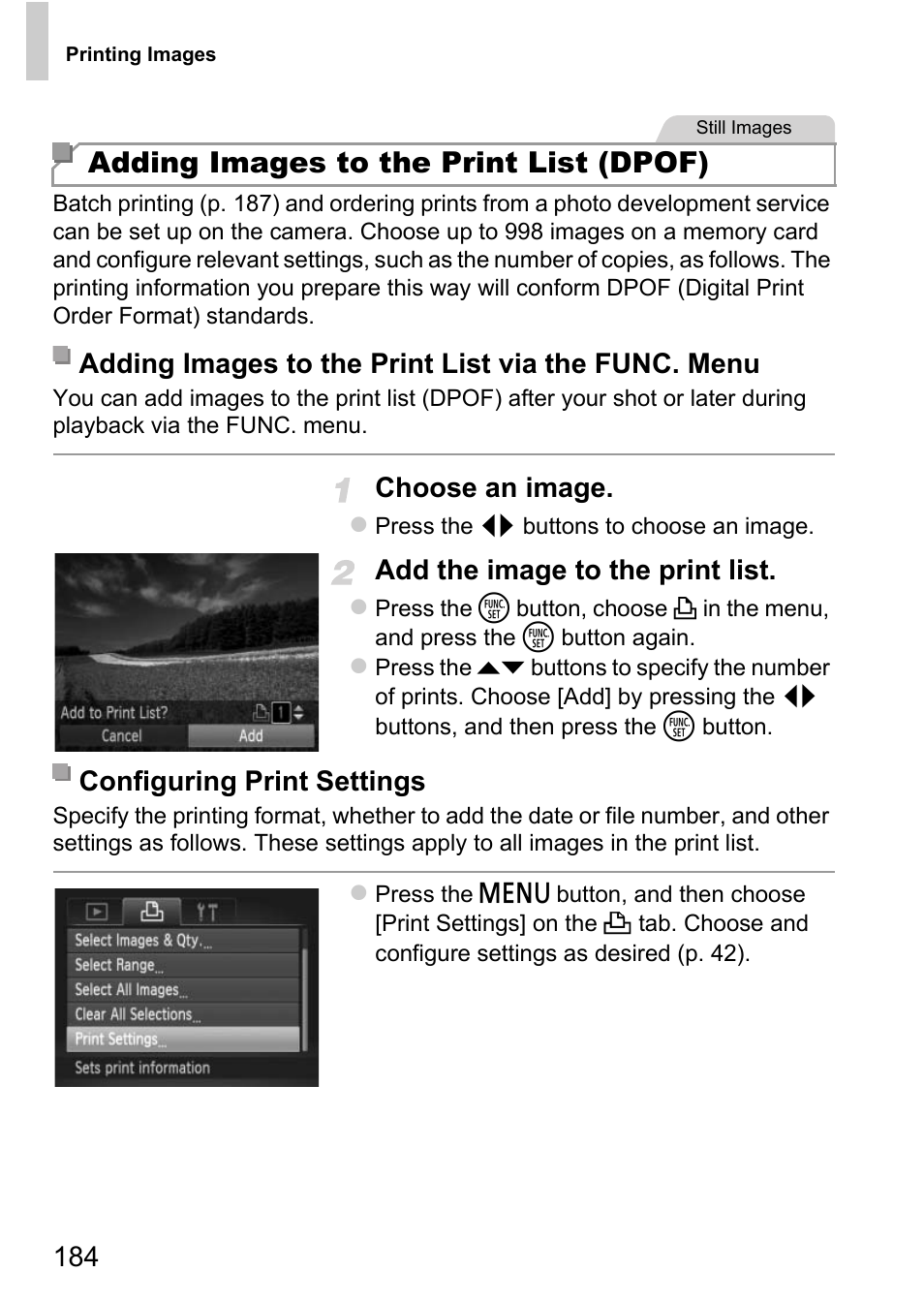 P. 184) to print, Adding images to the print list (dpof) (p.184), Adding images to the print list (dpof) | Choose an image, Add the image to the print list, Adding images to the print list via the func. menu, Configuring print settings | Canon D20 User Manual | Page 184 / 218