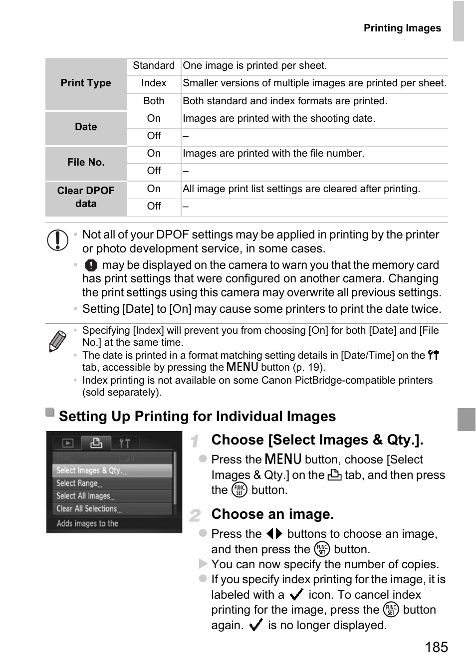 185 choose [select images & qty, Choose an image, Setting up printing for individual images | Canon D20 User Manual | Page 185 / 218