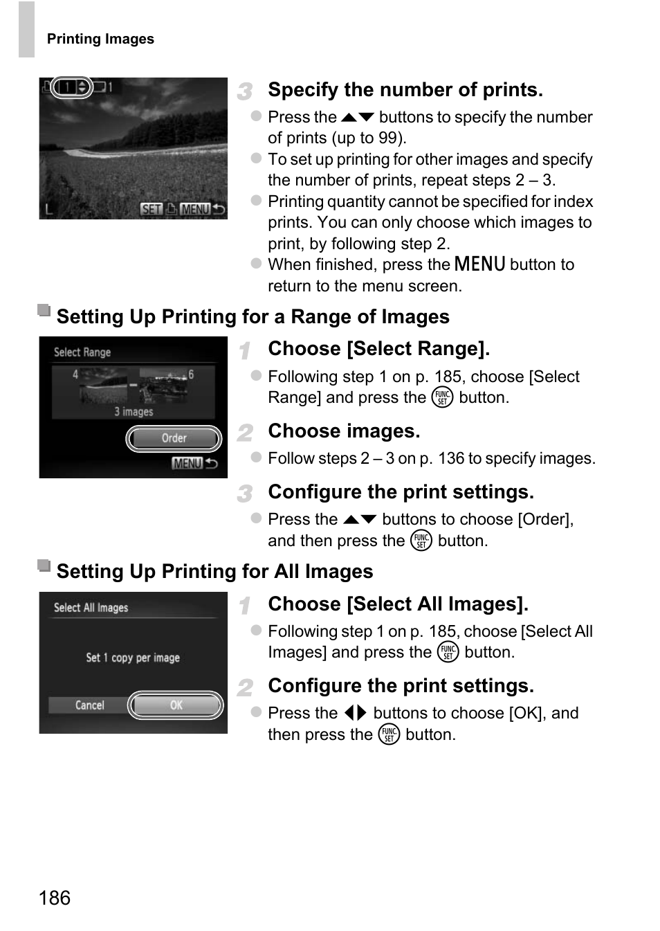 186 specify the number of prints, Choose [select range, Choose images | Configure the print settings, Choose [select all images | Canon D20 User Manual | Page 186 / 218