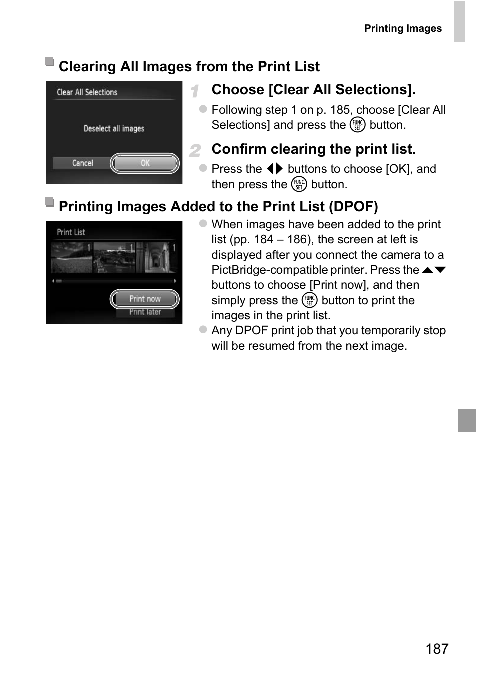 187 choose [clear all selections, Confirm clearing the print list | Canon D20 User Manual | Page 187 / 218