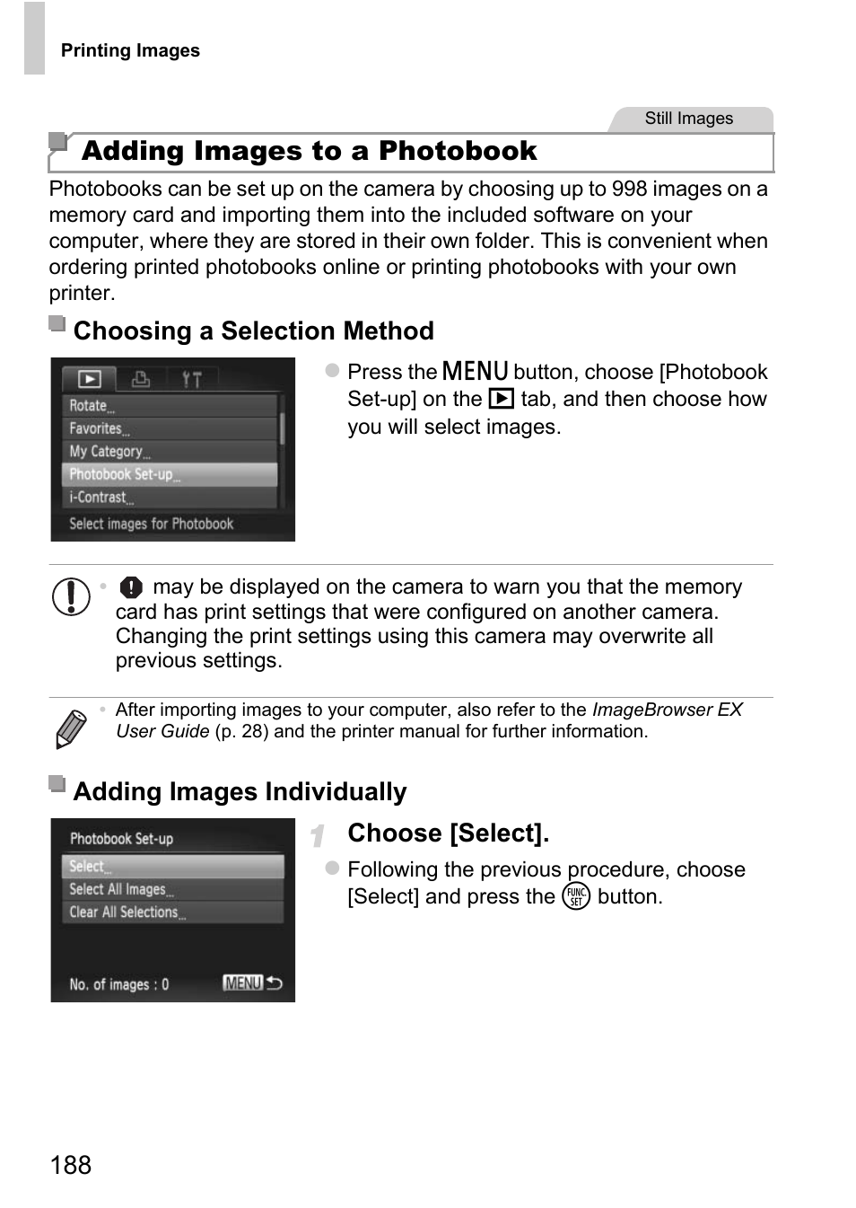 Ges to a photobook” (p. 188), Adding images to a photobook (p.188), Adding images to a photobook | Choose [select, Choosing a selection method, Adding images individually | Canon D20 User Manual | Page 188 / 218
