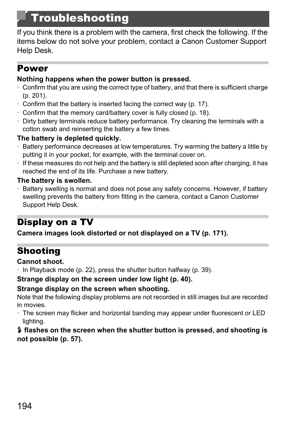 Troubleshooting, Power, Display on a tv | Shooting | Canon D20 User Manual | Page 194 / 218