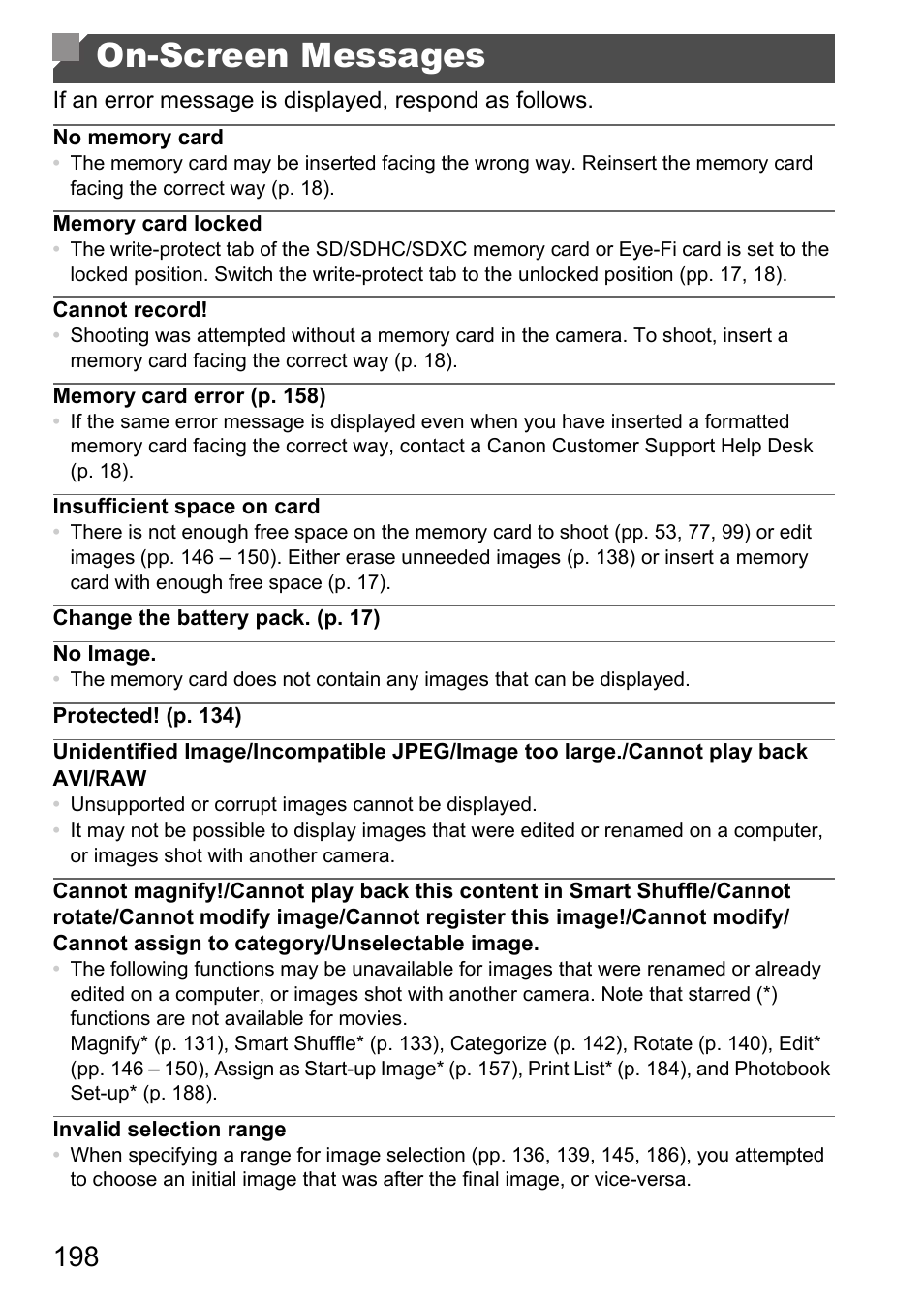 On-screen messages | Canon D20 User Manual | Page 198 / 218