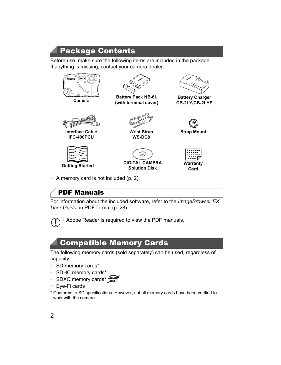 Package contents, Pdf manuals | Canon D20 User Manual | Page 2 / 218