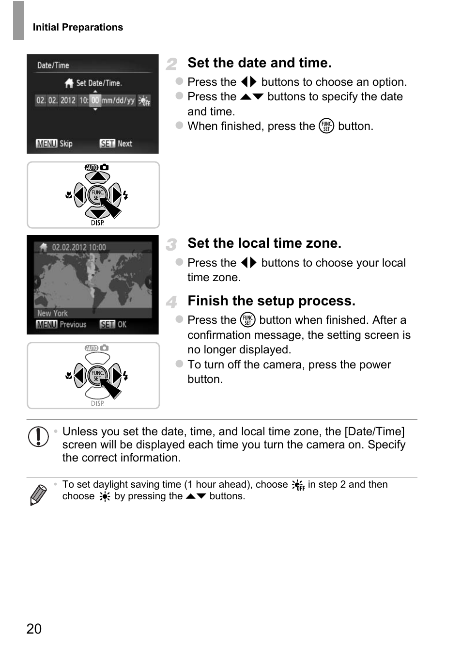 20 set the date and time, Set the local time zone, Finish the setup process | Canon D20 User Manual | Page 20 / 218