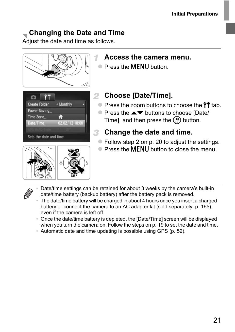 Access the camera menu, Choose [date/time, Change the date and time | Changing the date and time | Canon D20 User Manual | Page 21 / 218