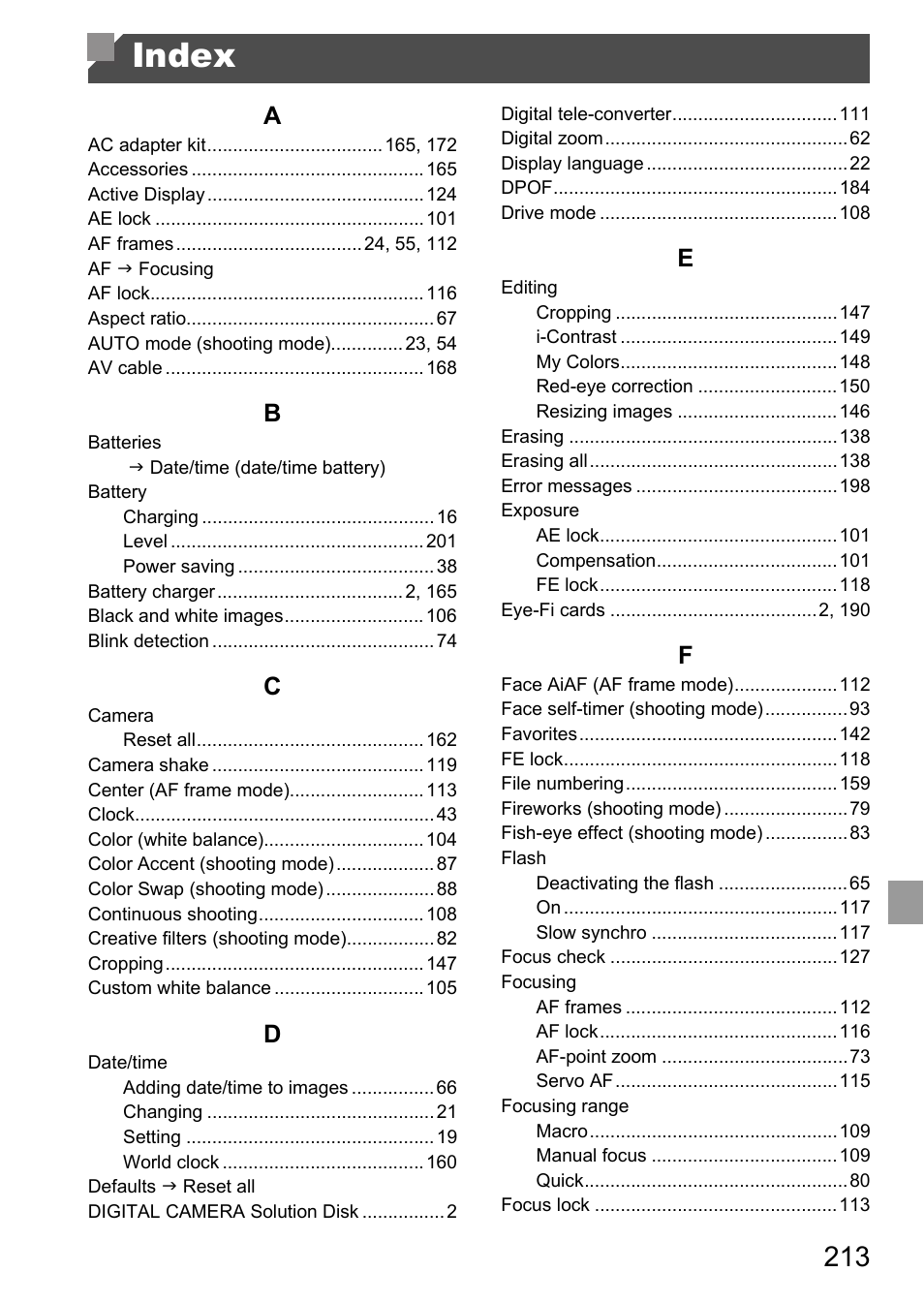 Index | Canon D20 User Manual | Page 213 / 218