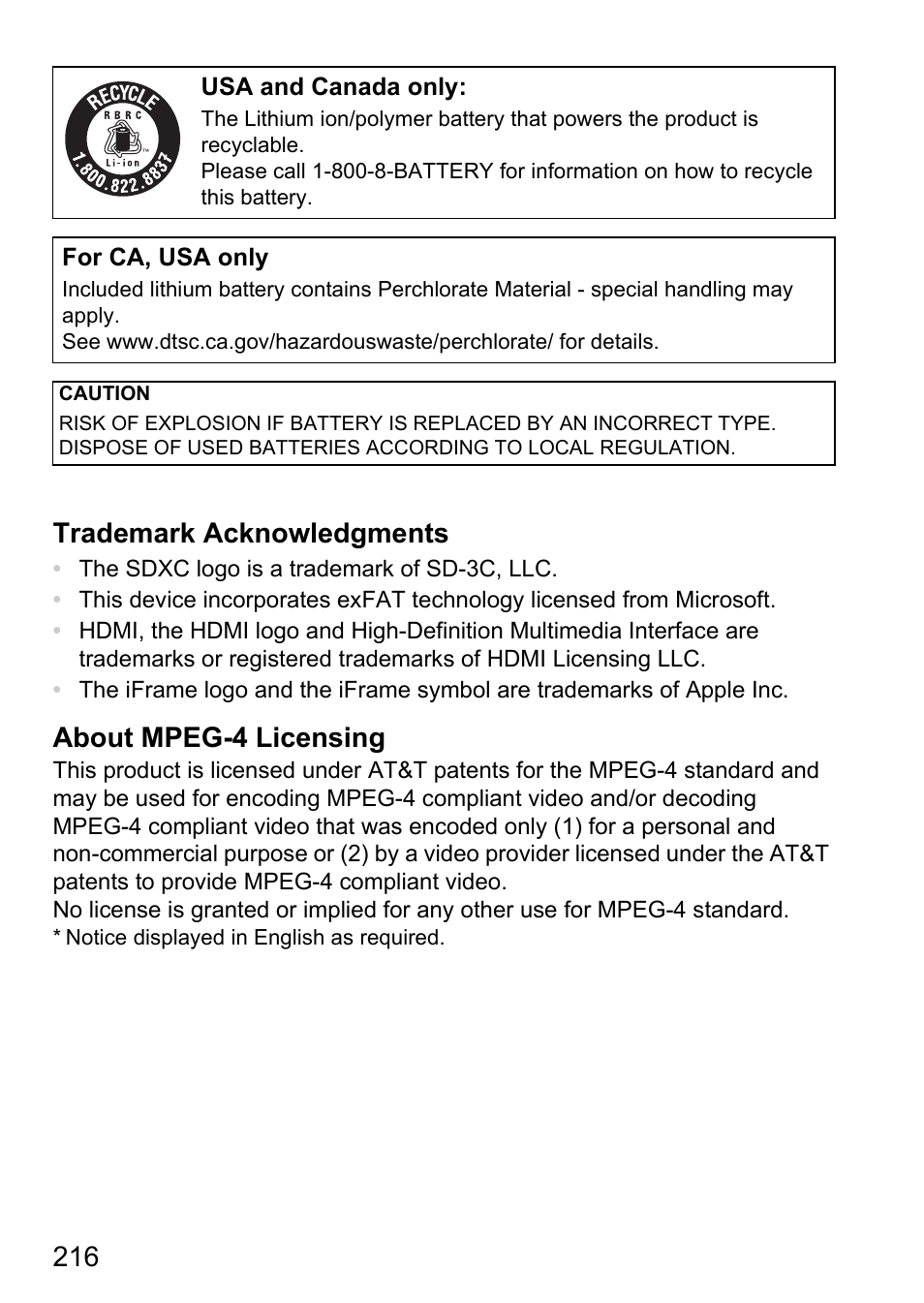 216 trademark acknowledgments, About mpeg-4 licensing | Canon D20 User Manual | Page 216 / 218