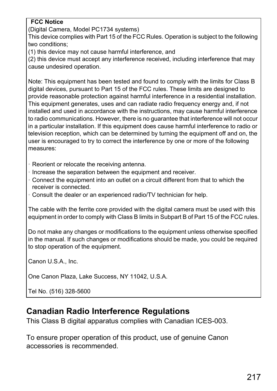 217 canadian radio interference regulations | Canon D20 User Manual | Page 217 / 218