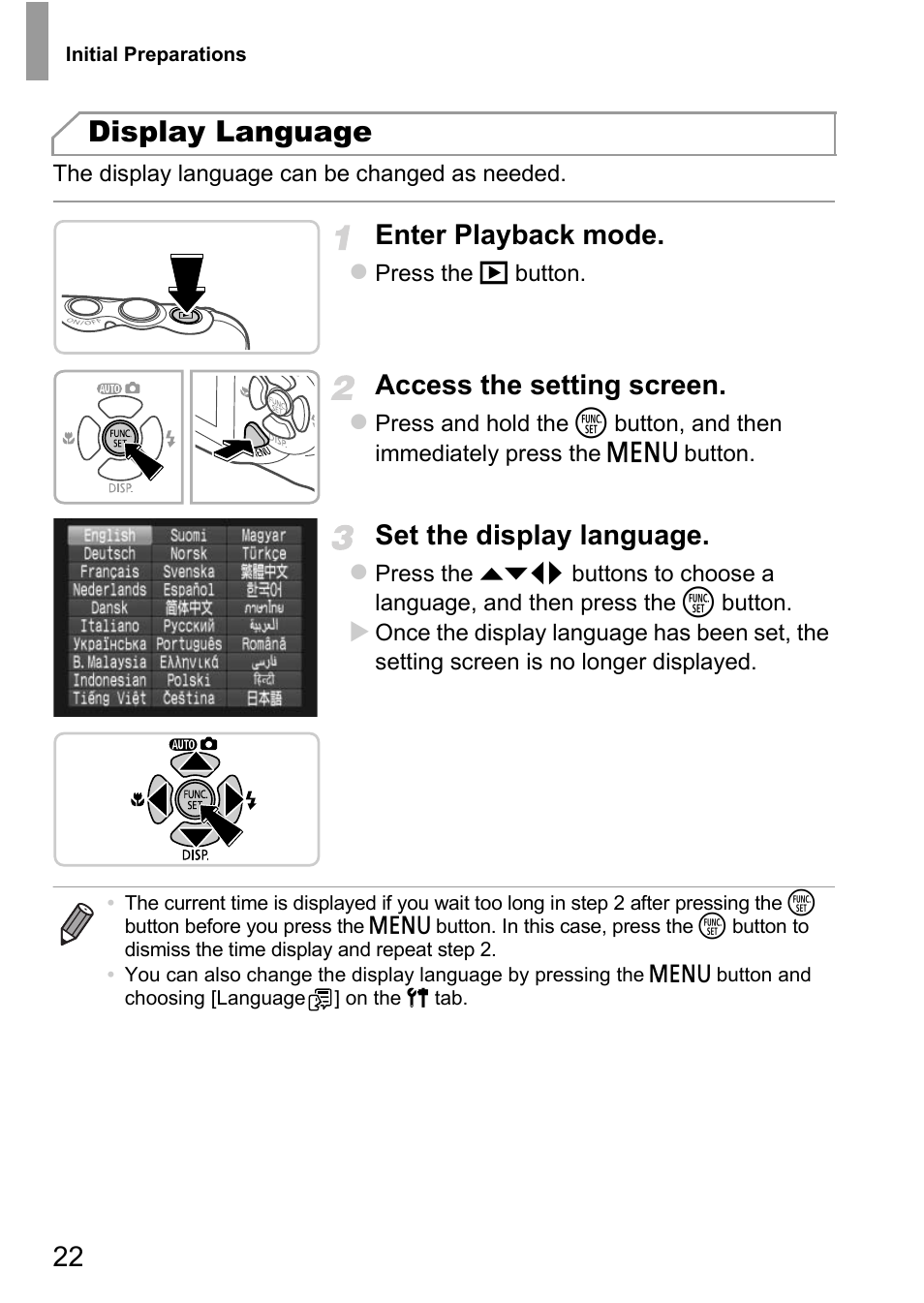 Display language, Enter playback mode, Access the setting screen | Set the display language | Canon D20 User Manual | Page 22 / 218