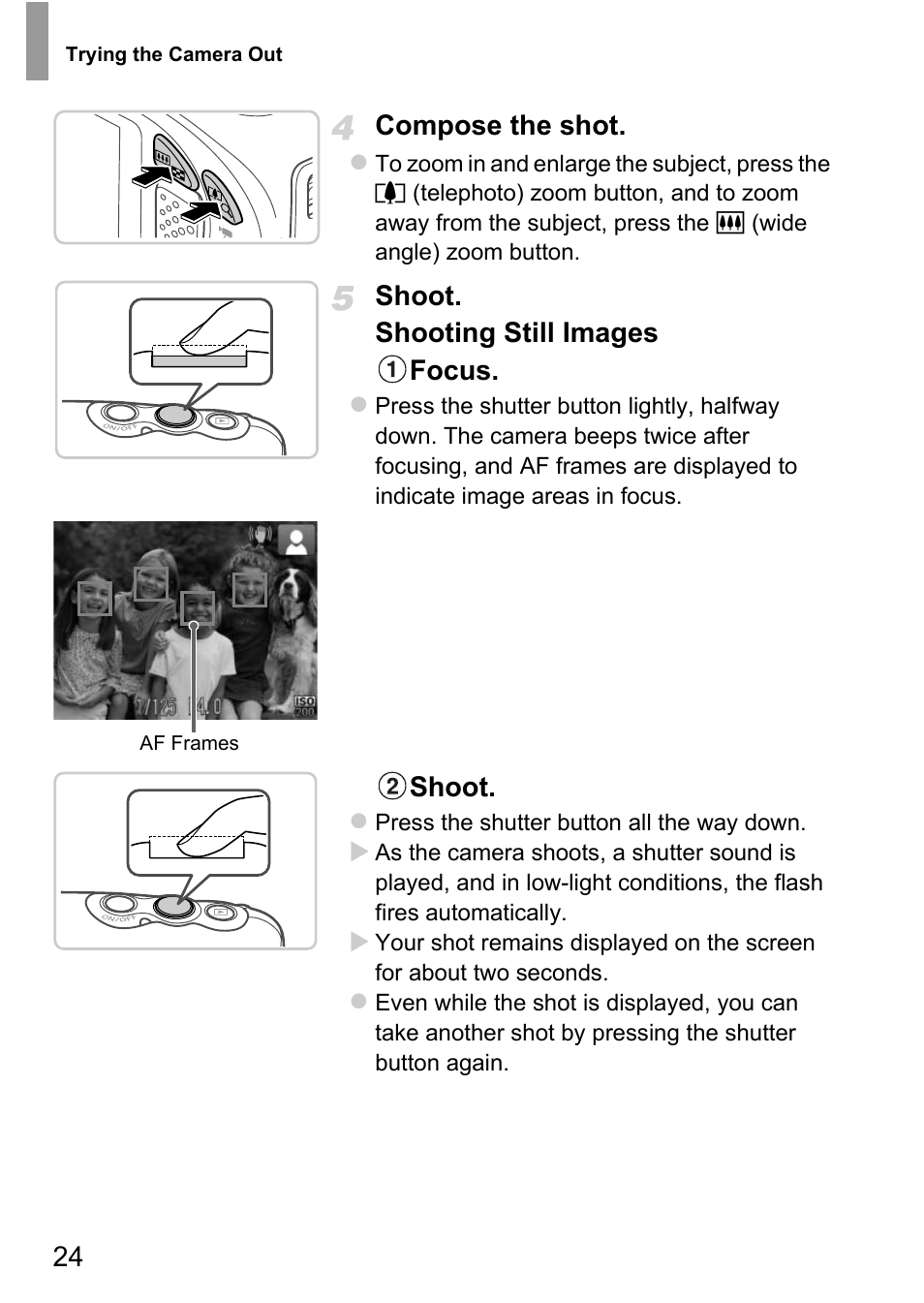 24 compose the shot, Shoot. shooting still images focus, Shoot | Canon D20 User Manual | Page 24 / 218