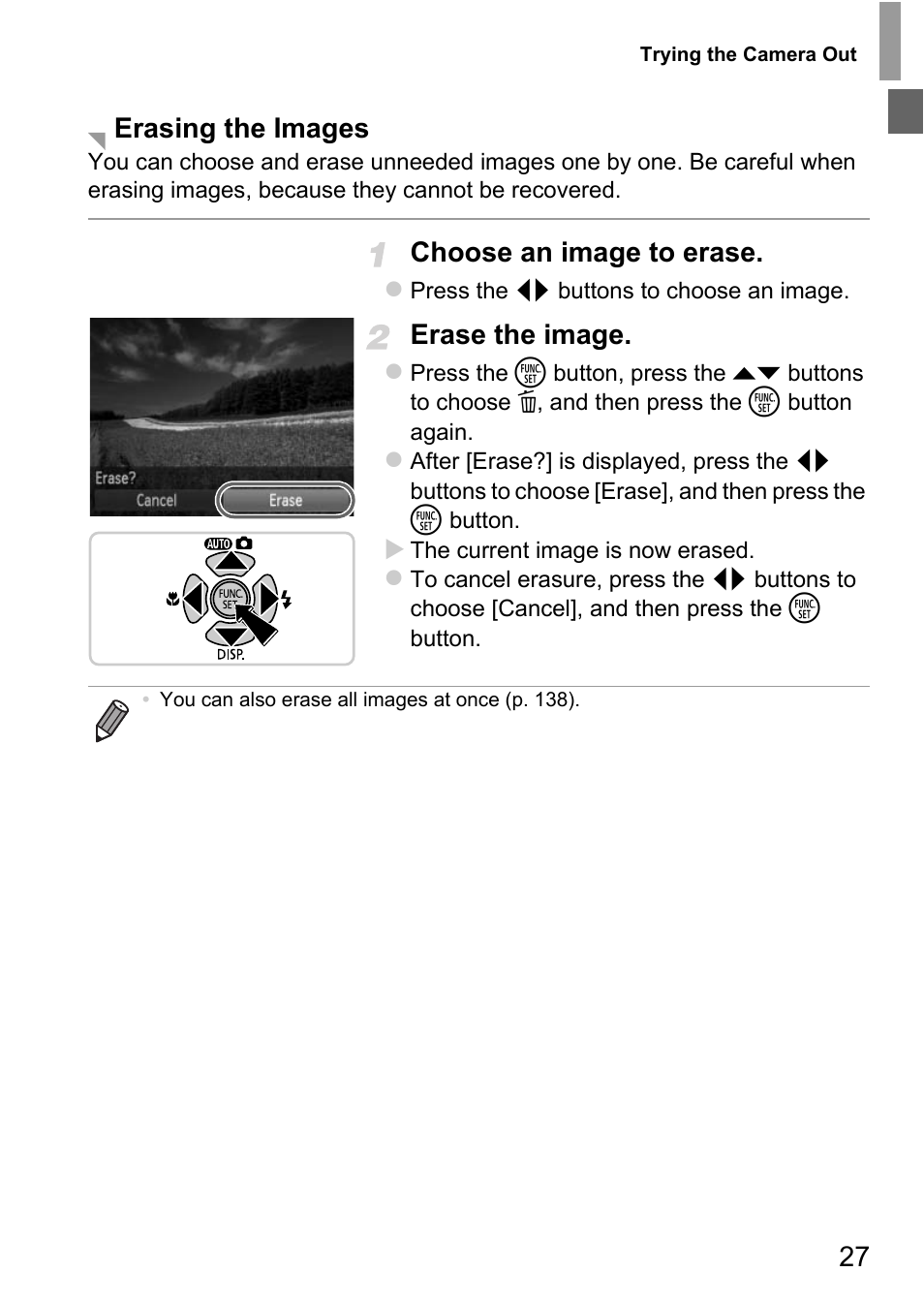 Choose an image to erase, Erase the image, Erasing the images | Canon D20 User Manual | Page 27 / 218