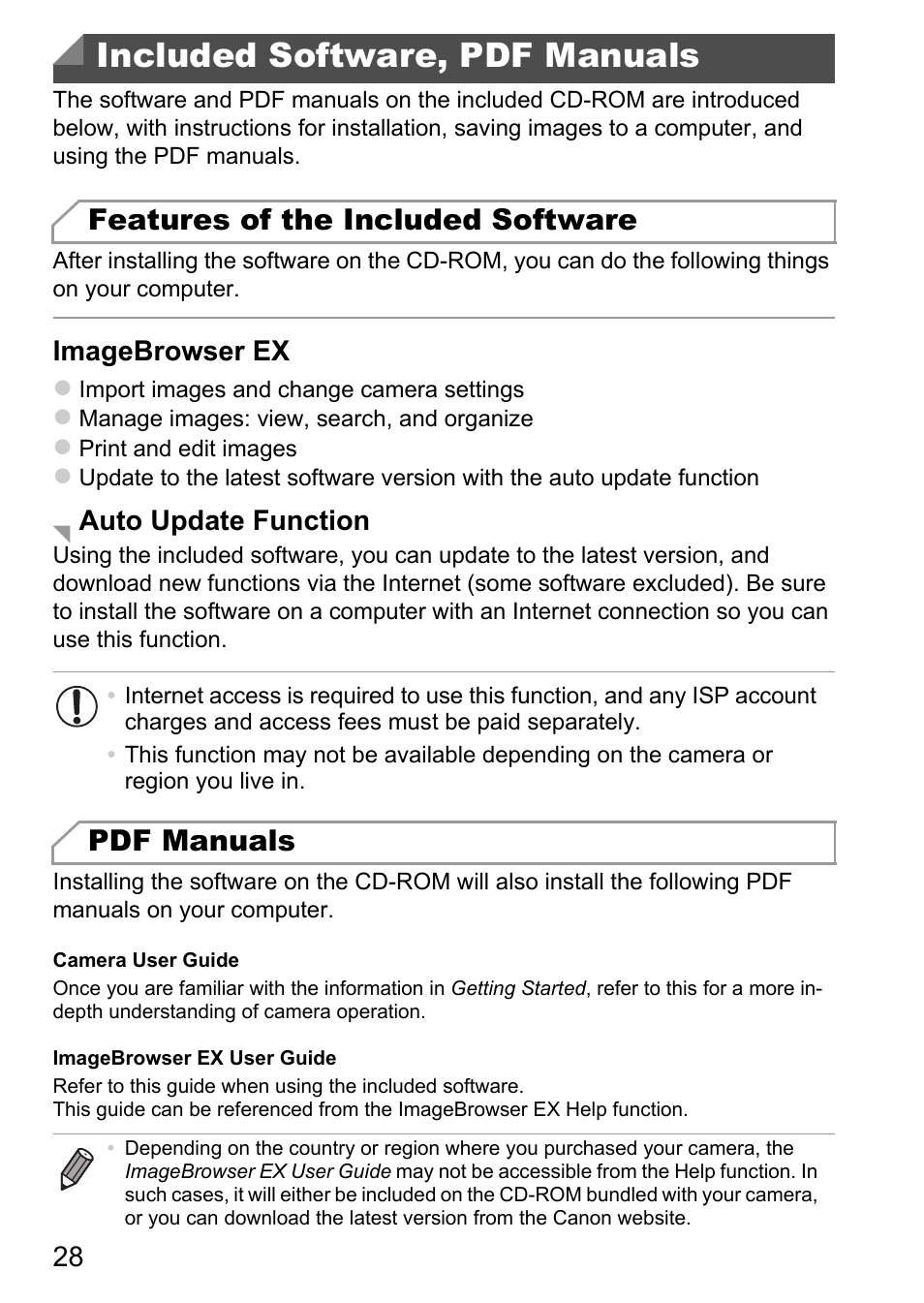 Included software, pdf manuals, Features of the included software, Pdf manuals | Imagebrowser ex, Auto update function | Canon D20 User Manual | Page 28 / 218