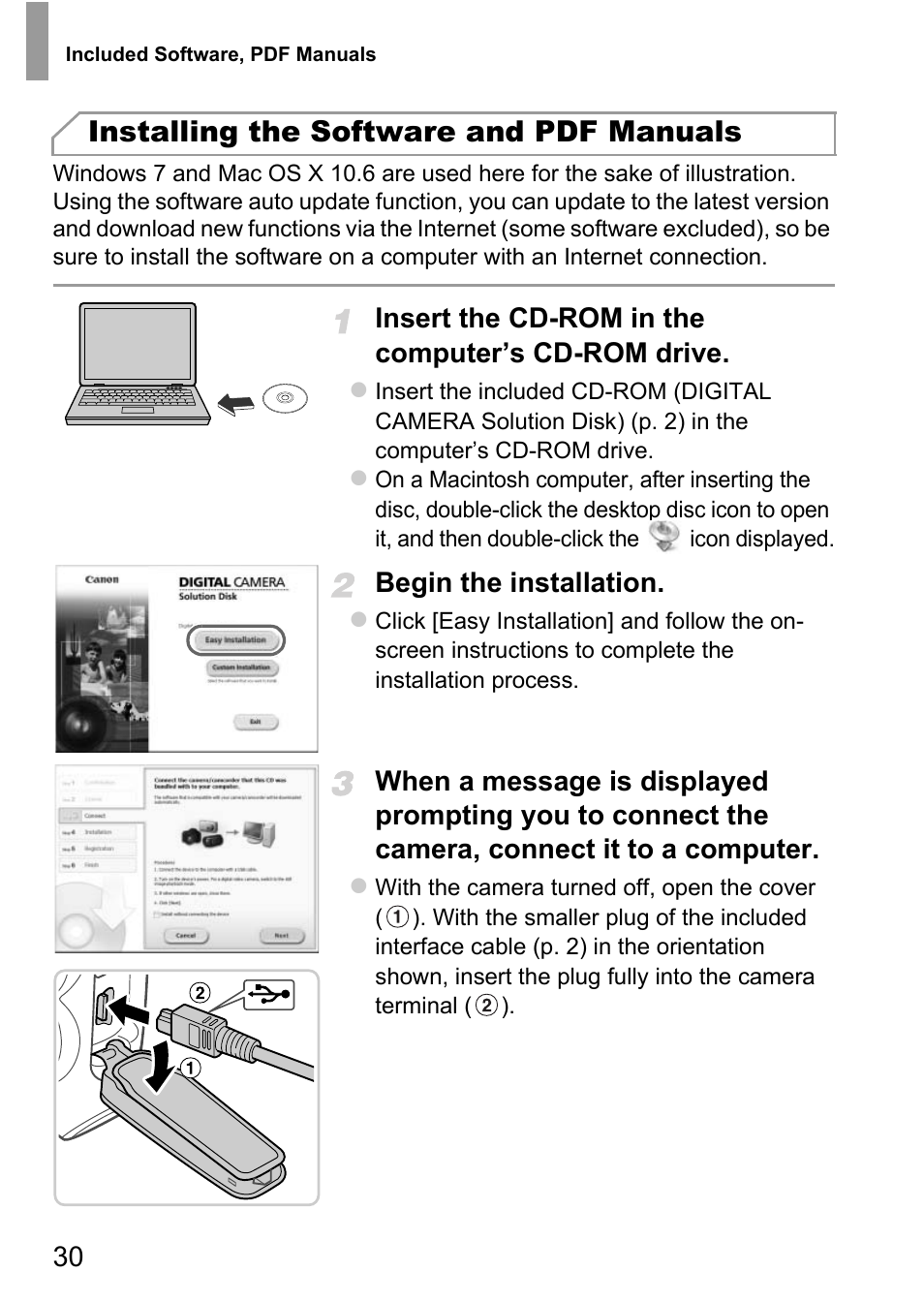 Installing the software and pdf manuals | Canon D20 User Manual | Page 30 / 218
