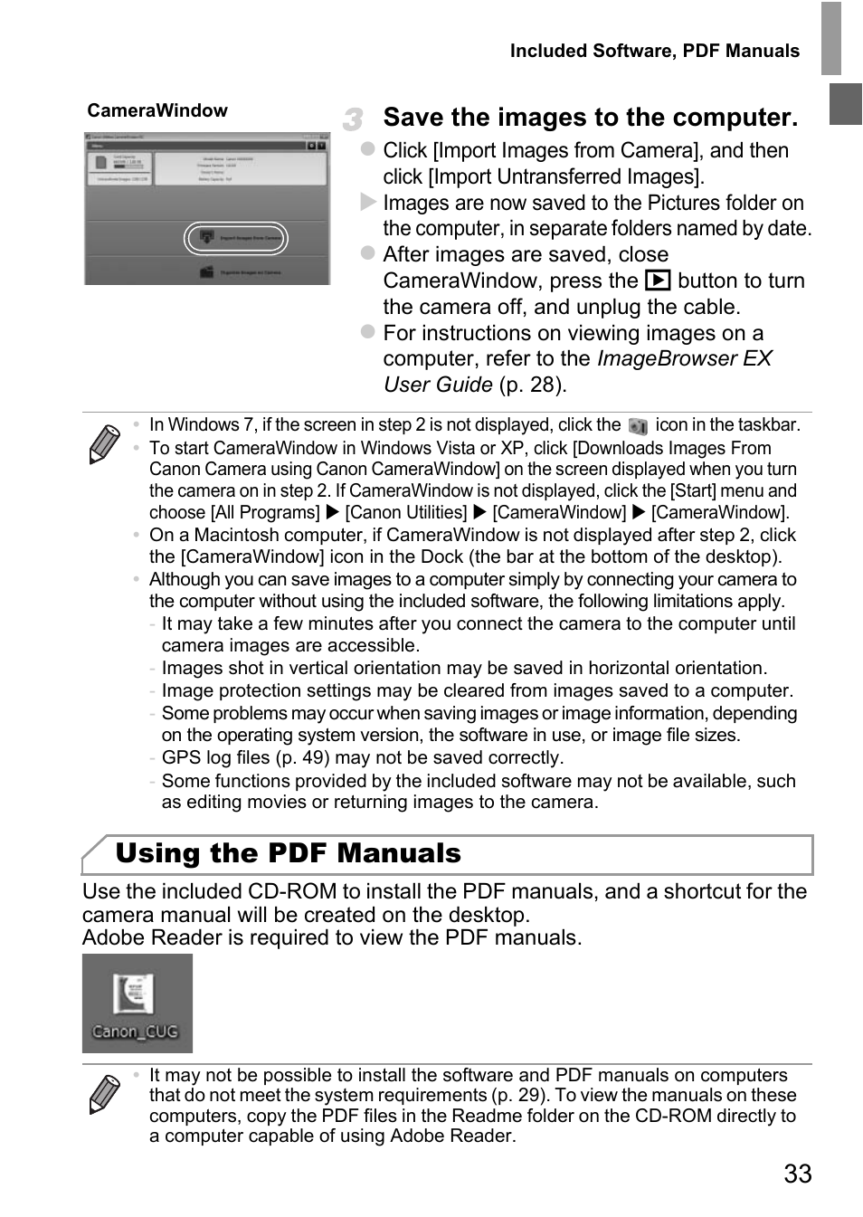 Using the pdf manuals, 33 save the images to the computer | Canon D20 User Manual | Page 33 / 218