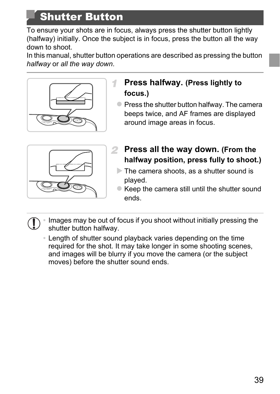Shutter button, P. 39, Halfway (p. 39) | Canon D20 User Manual | Page 39 / 218