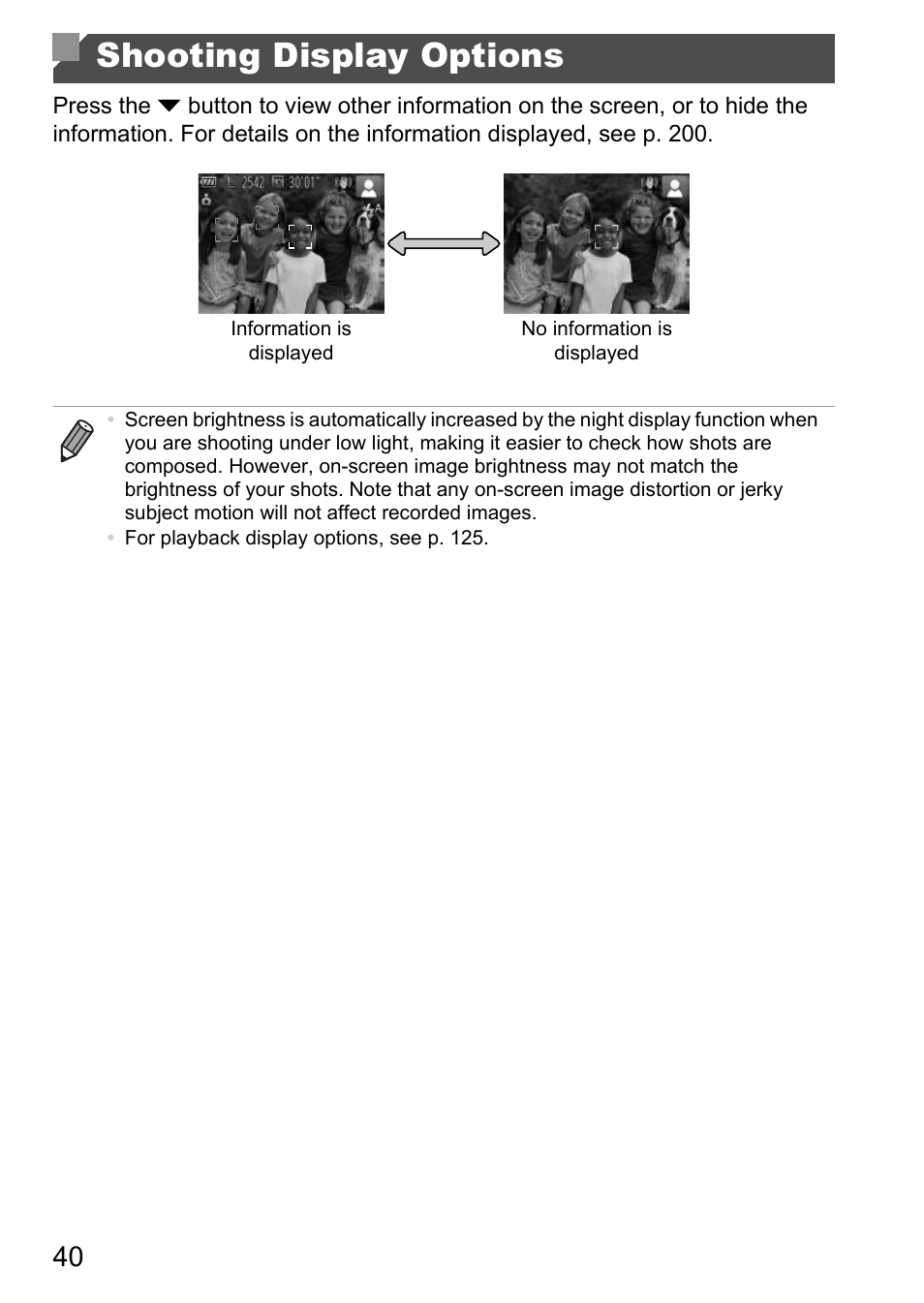 Shooting display options | Canon D20 User Manual | Page 40 / 218