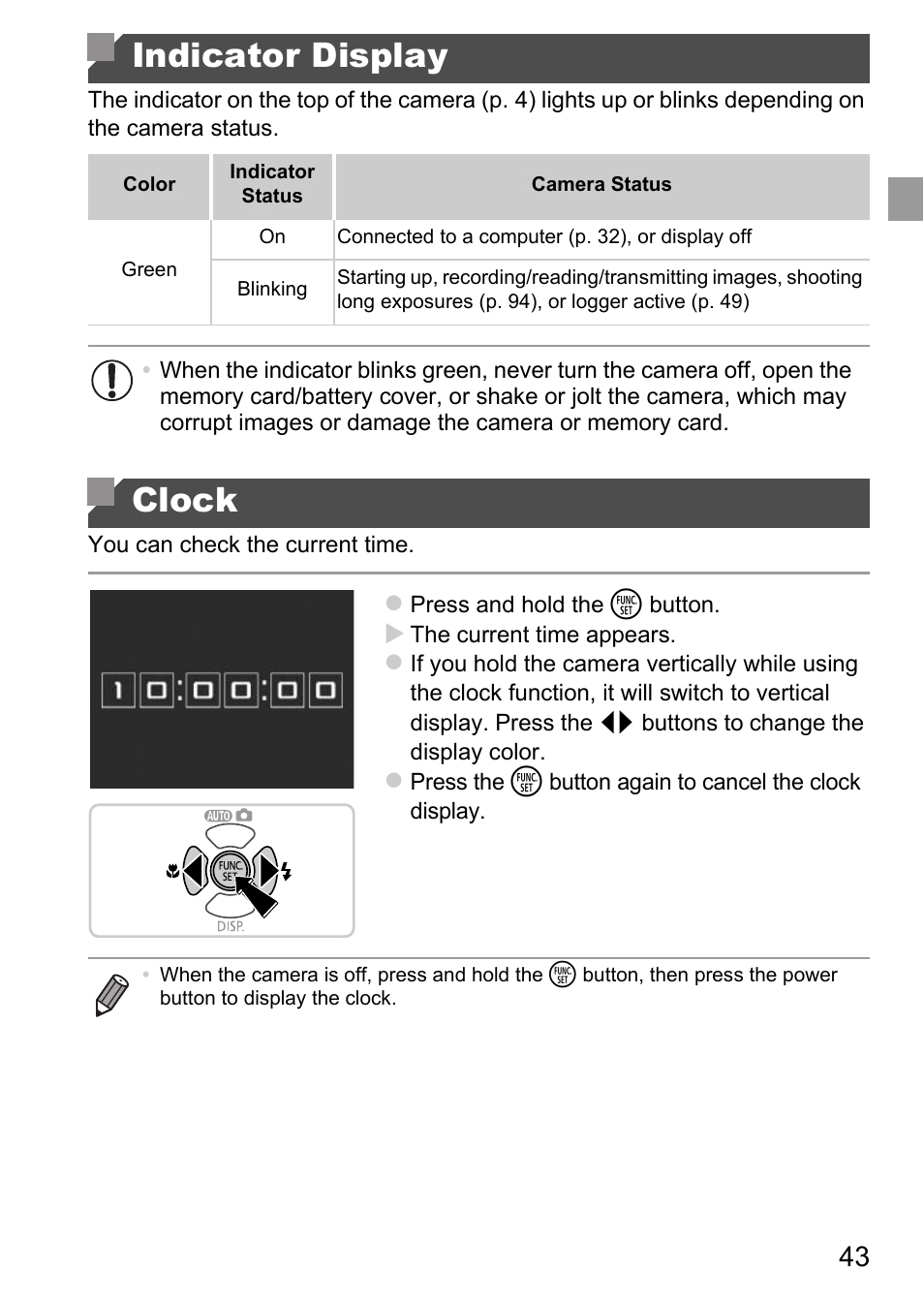Indicator display clock, Indicator display, Clock | Canon D20 User Manual | Page 43 / 218