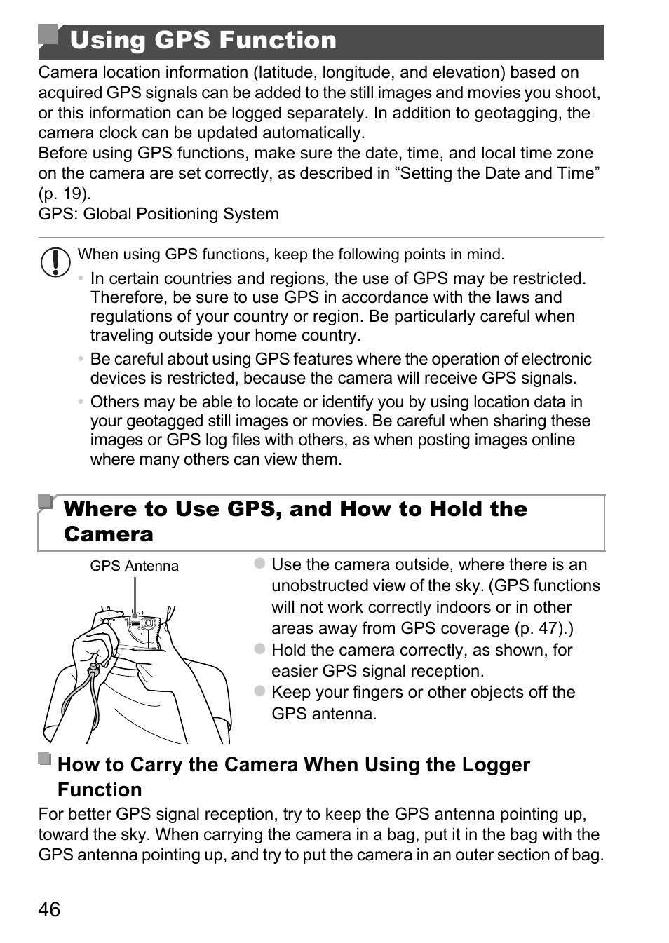 Using gps function, Where to use gps, and how to hold the camera | Canon D20 User Manual | Page 46 / 218