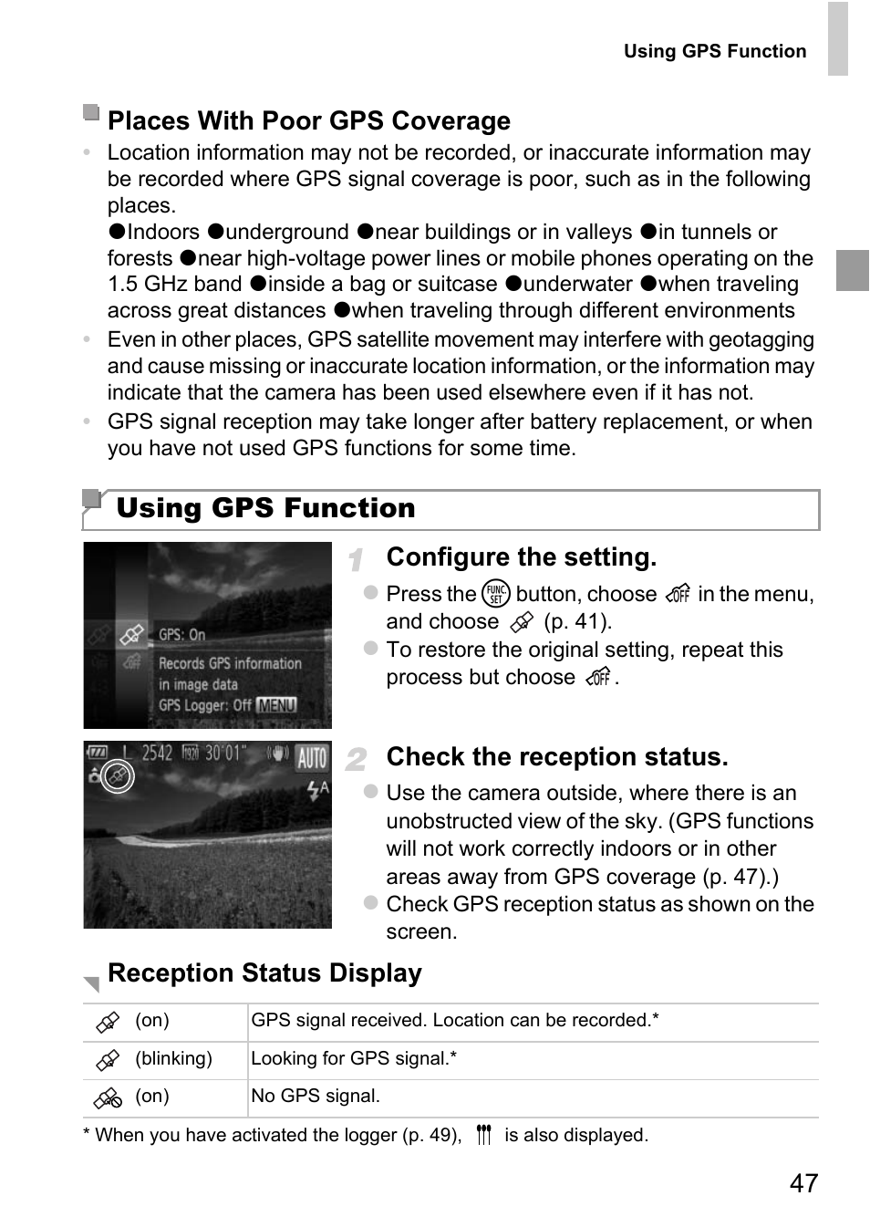Using gps function, Configure the setting, Check the reception status | Places with poor gps coverage, Reception status display | Canon D20 User Manual | Page 47 / 218