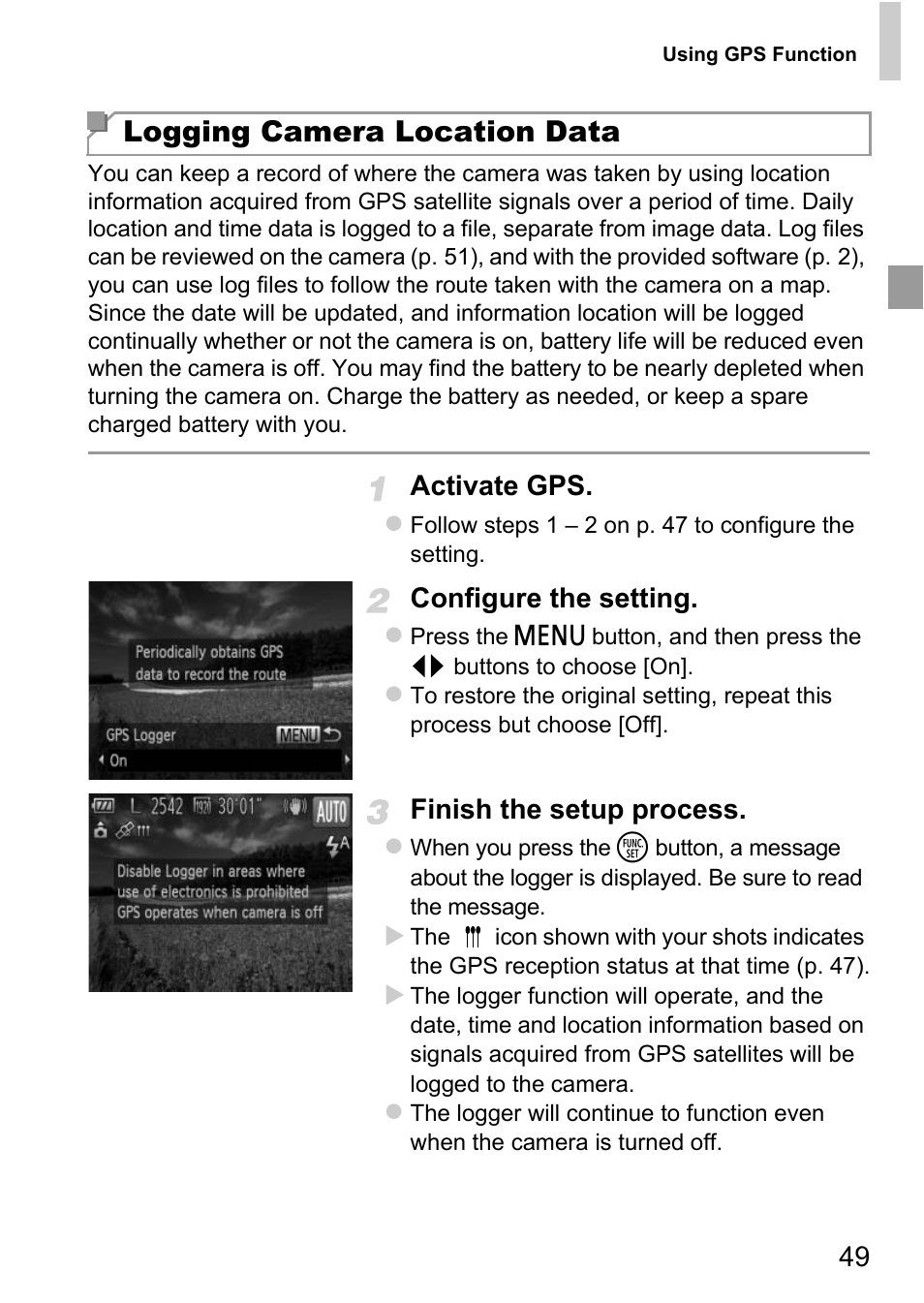 Ger active (p. 49), Logging camera location data, Activate gps | Configure the setting, Finish the setup process | Canon D20 User Manual | Page 49 / 218