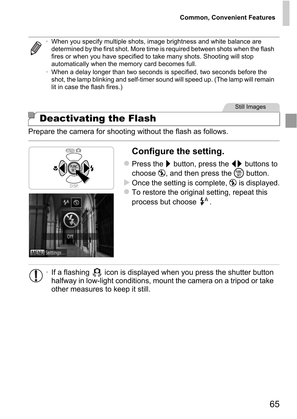 Deactivating the flash, Configure the setting | Canon D20 User Manual | Page 65 / 218