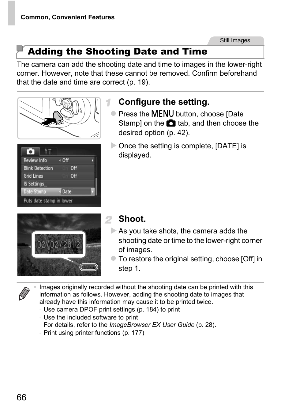 Adding the shooting date and time, Configure the setting, Shoot | Canon D20 User Manual | Page 66 / 218