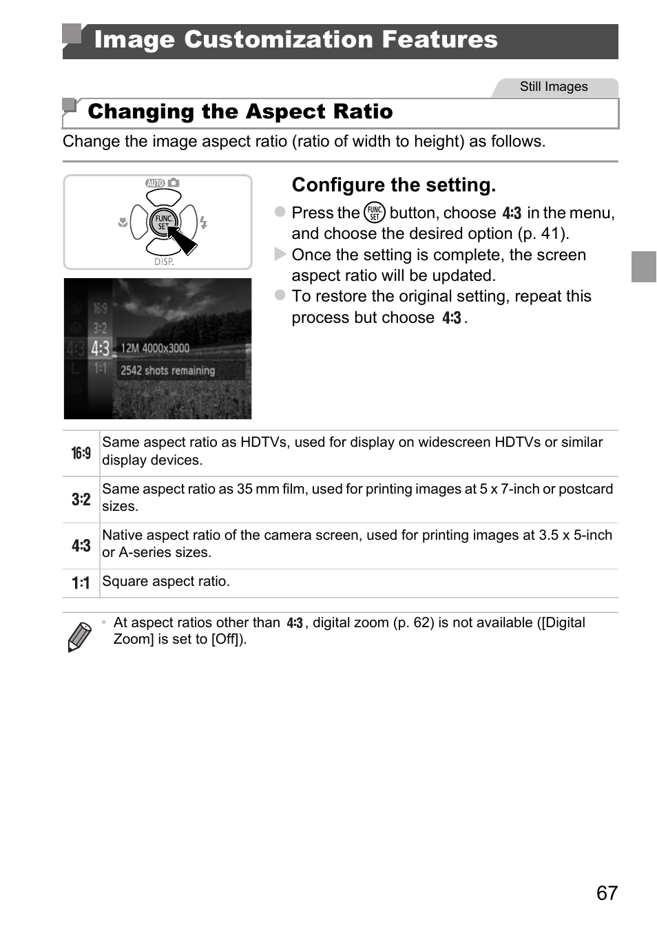 Image customization features, Changing the aspect ratio, Configure the setting | Canon D20 User Manual | Page 67 / 218