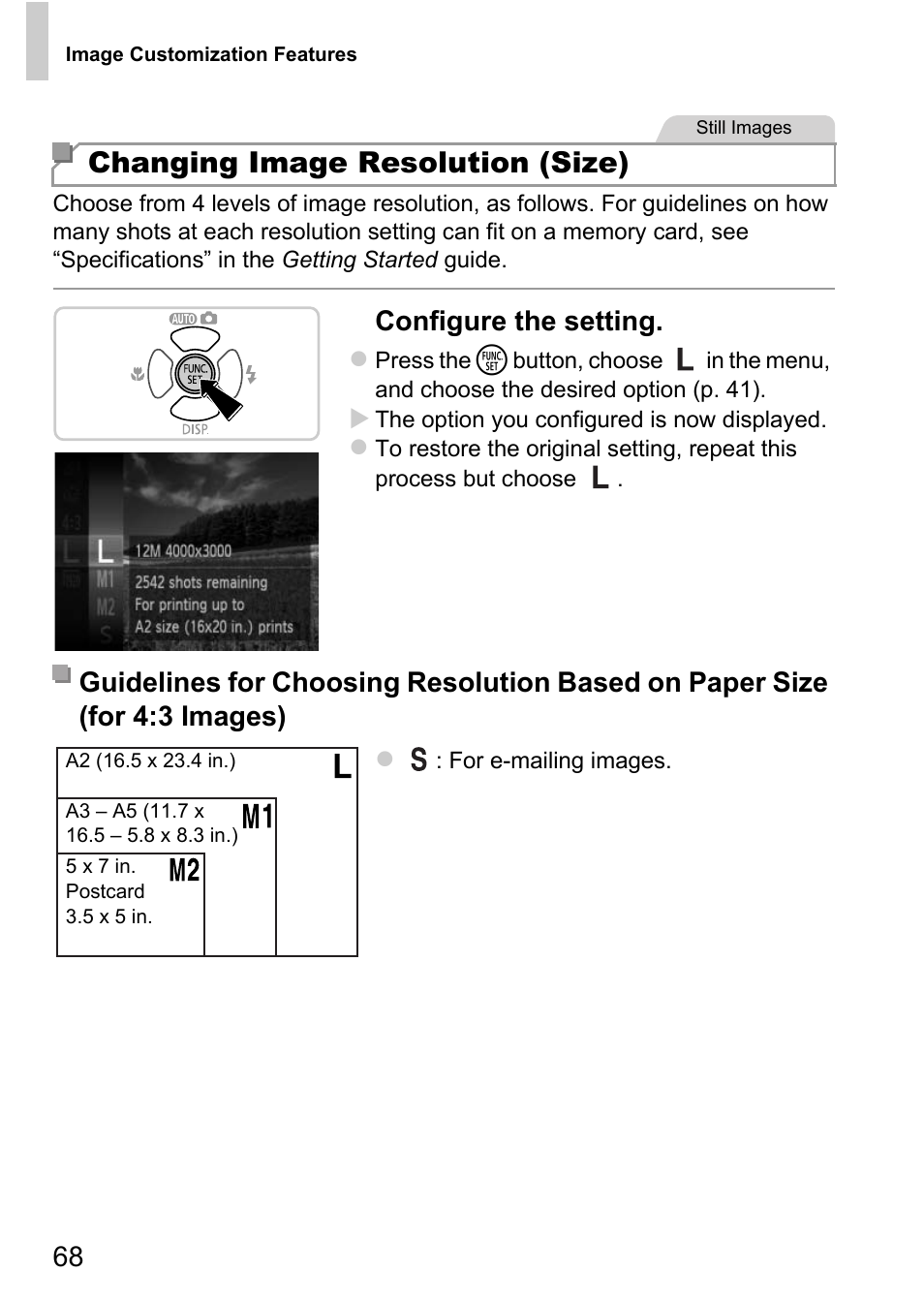 Changing image resolution (size), Configure the setting | Canon D20 User Manual | Page 68 / 218