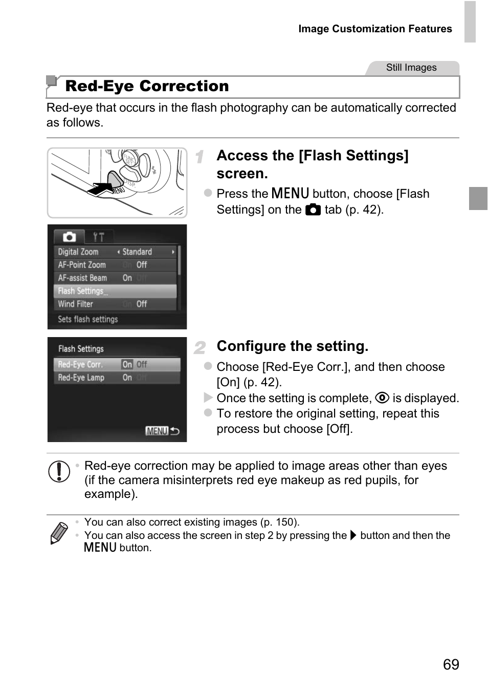 Red-eye correction, Access the [flash settings] screen, Configure the setting | Canon D20 User Manual | Page 69 / 218
